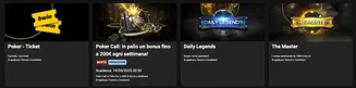 Sezione Poker su BWIN con promozioni settimanali, ticket, tornei Daily Legends, The Master e The Apprentice